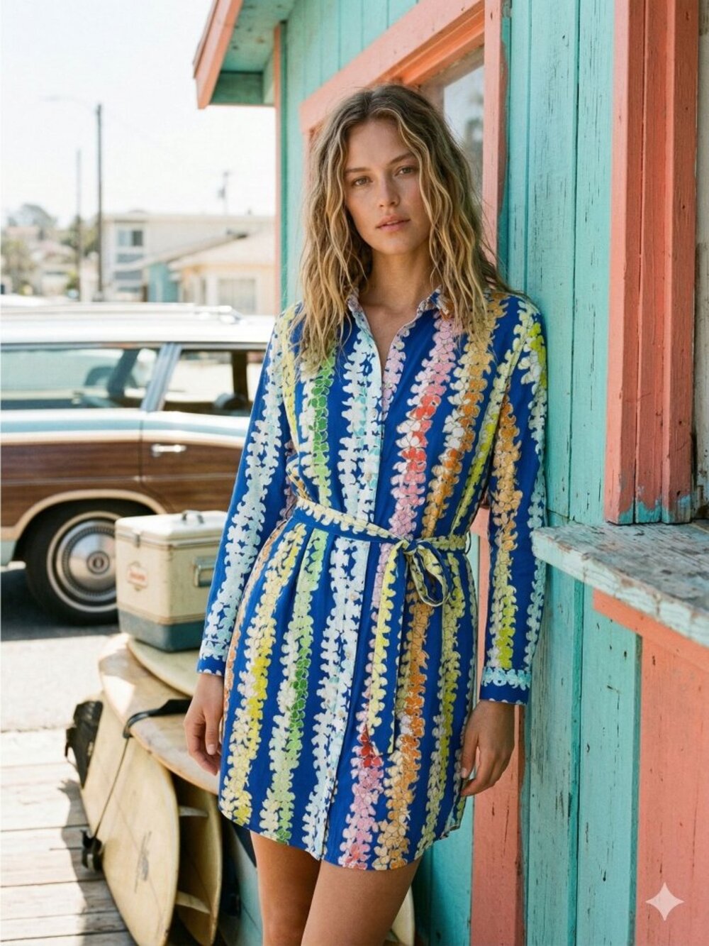 Paradise Now Maui Hawaii Lei Print Shirt Dress Large Blue Floral Aloha Belted L